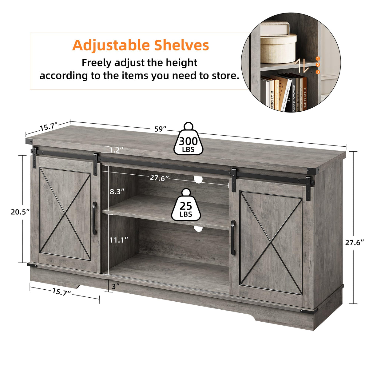 Farmhouse TV Stand 65+ inch with Sliding Barn Doors and Storage Cabinets L9457