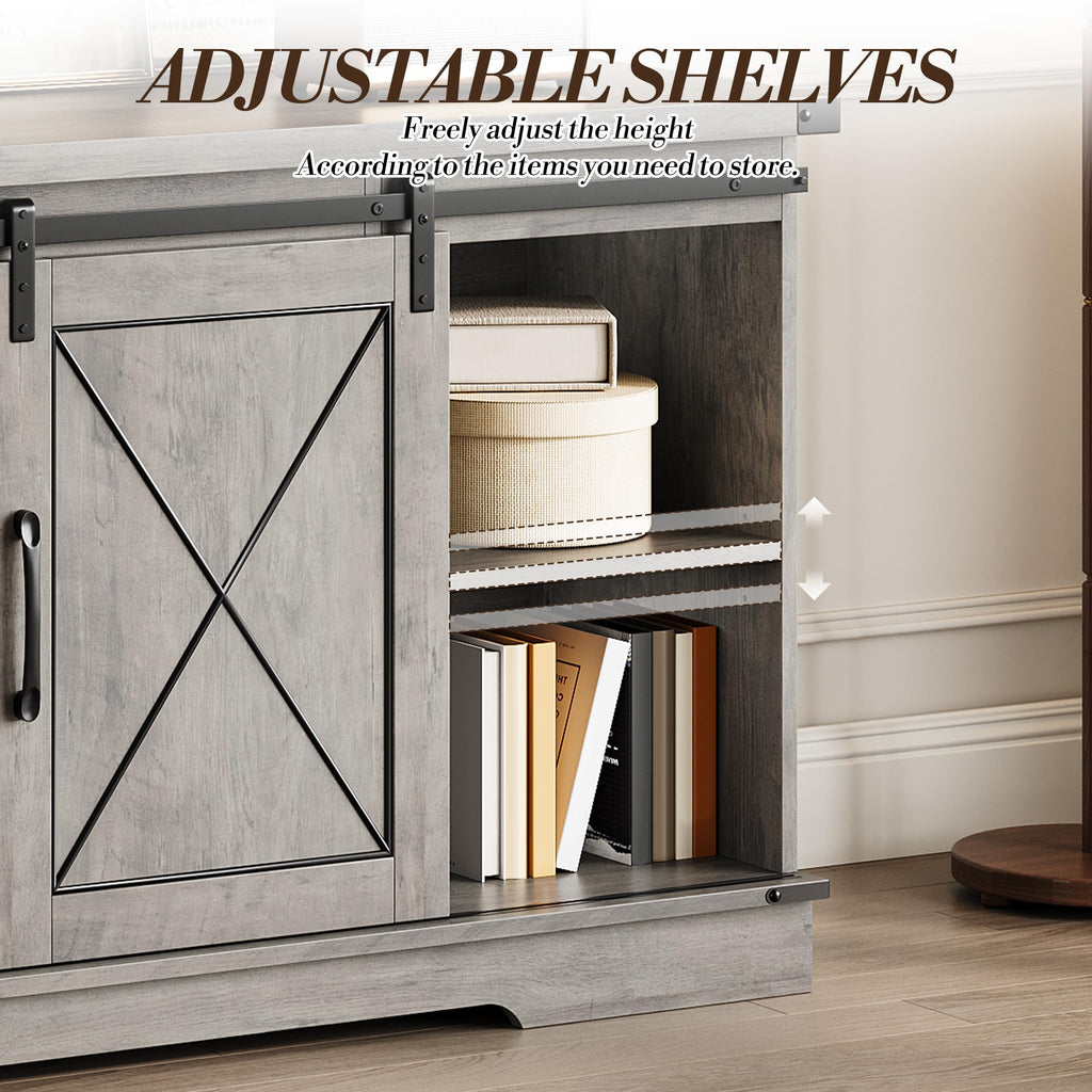 Farmhouse TV Stand 65+ inch with Sliding Barn Doors and Storage Cabinets L9457