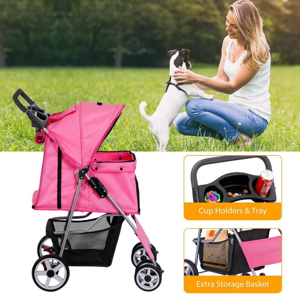 4 Wheels Folding Dog Stroller with Storage Basket, Pink C55872