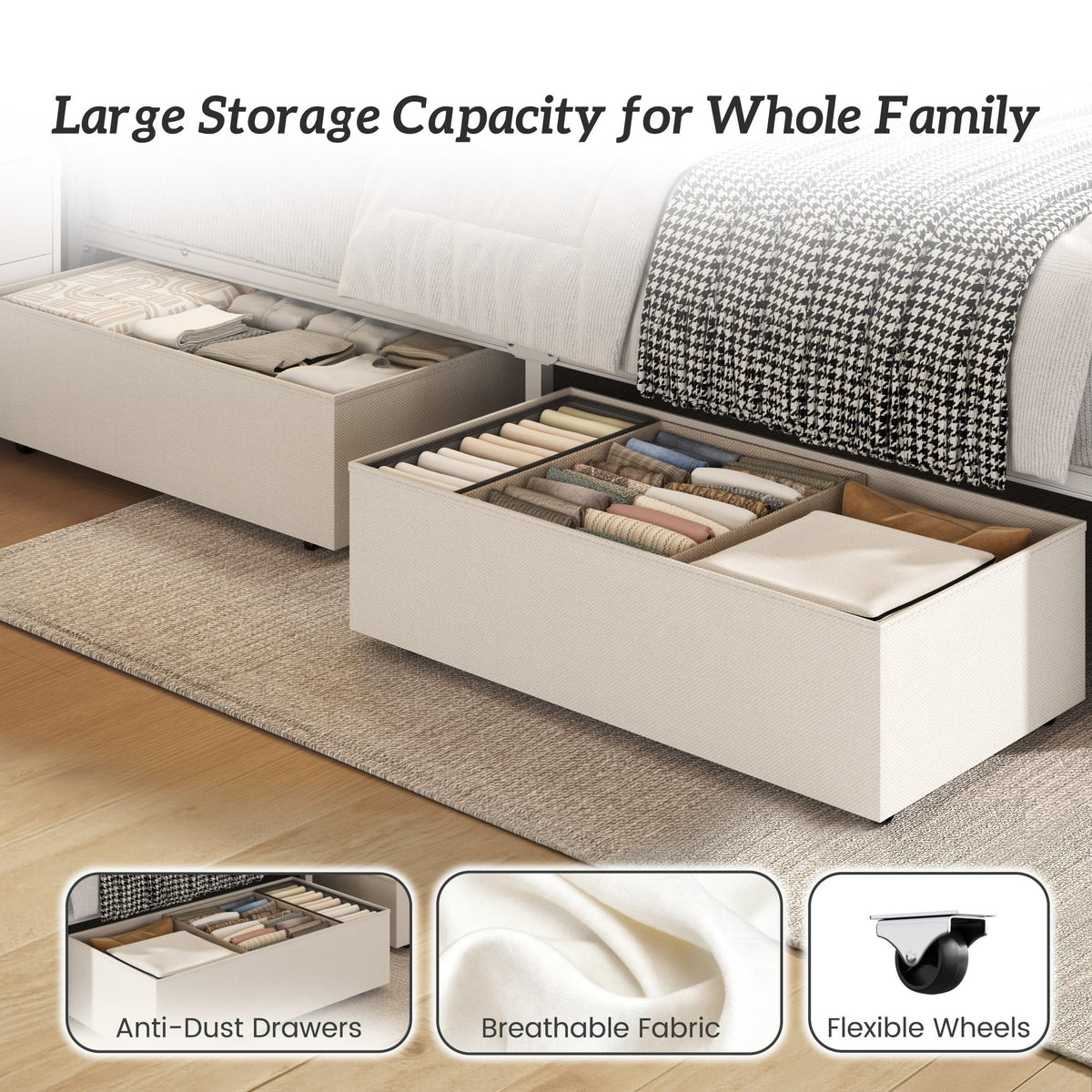 Queen Size Bed Frame with Headboard, Storage Drawers, Charging Station, Led Lights, Metal Structure, Beige E909