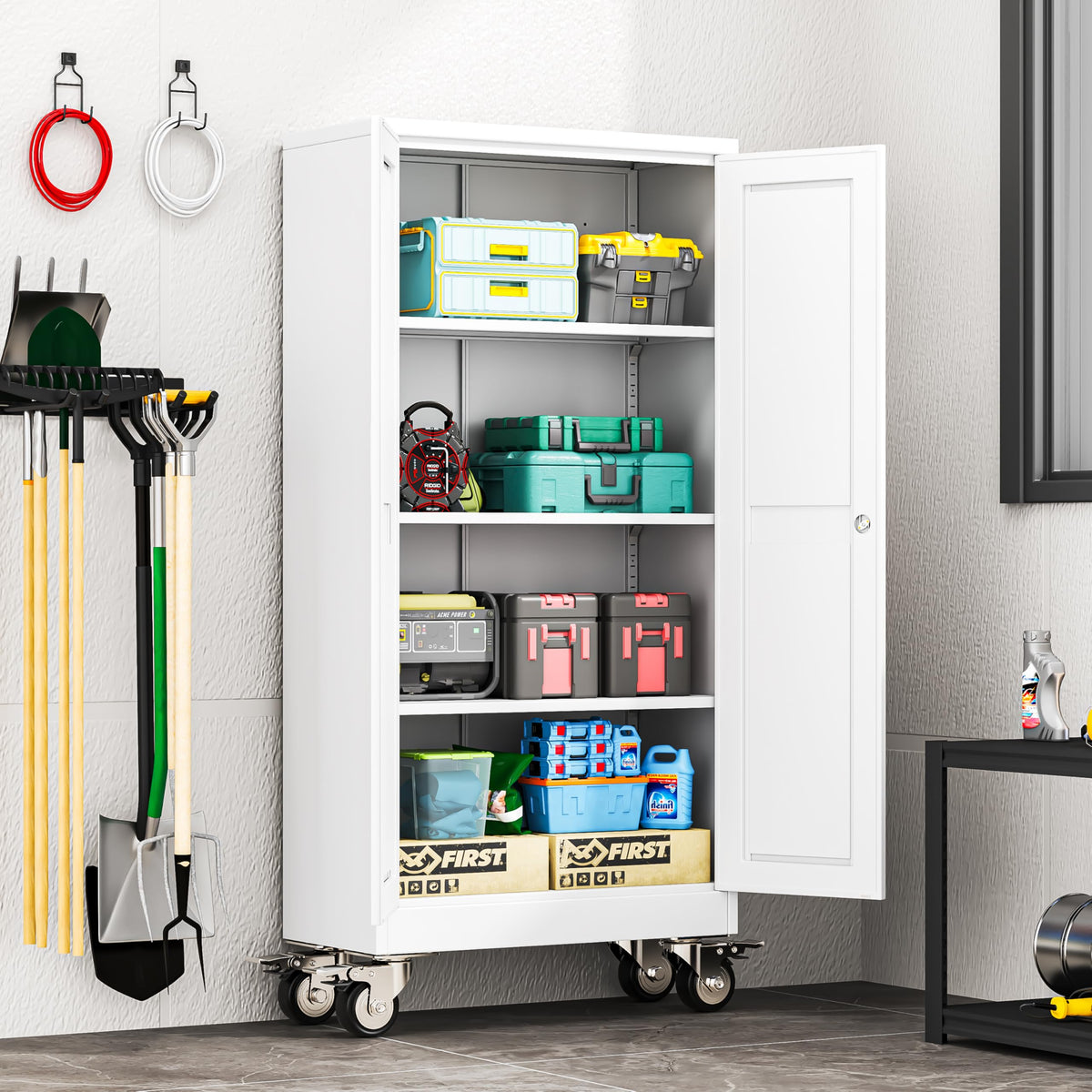 61" Metal Rolling Storage Cabinet with 2 Doors and Wheels O531