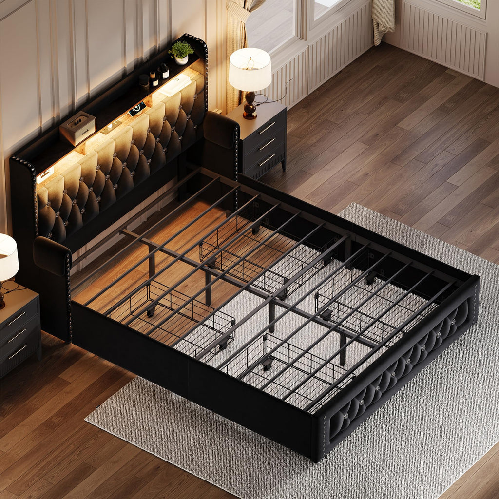 Queen Size Velvet Upholstered Platform Bed with 4 Storage Drawers C485057