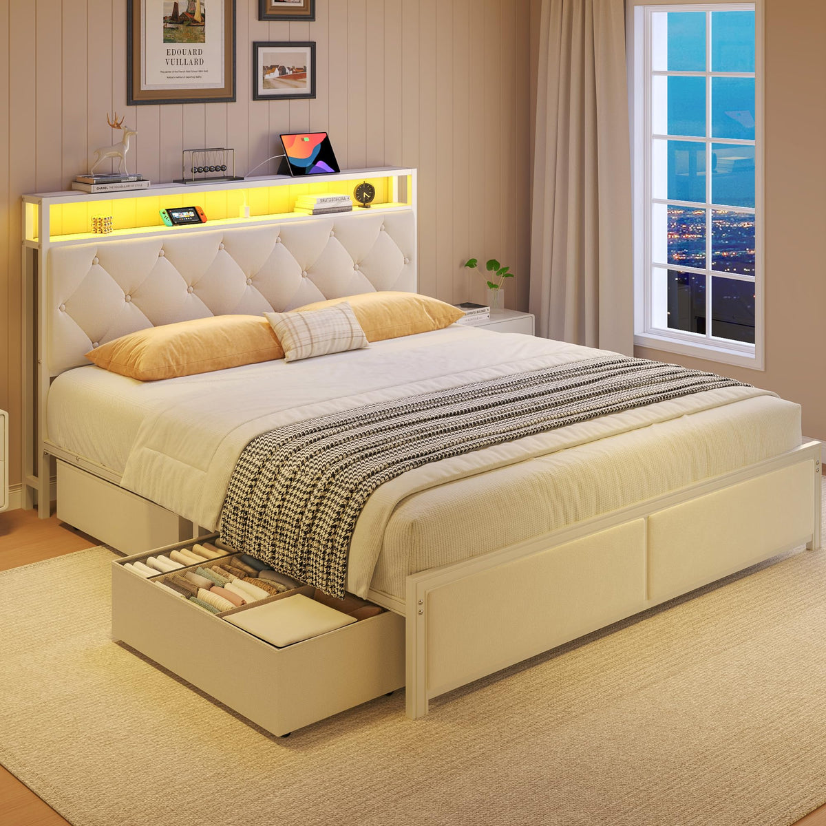 Queen Size Bed Frame with Headboard, Storage Drawers, Charging Station, Led Lights, Metal Structure, Beige E909