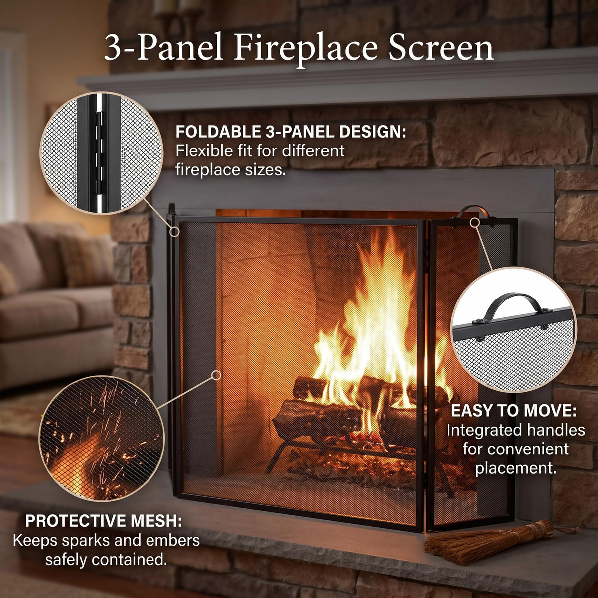 Metal Fireplace Screen 3 Panel Black H250887