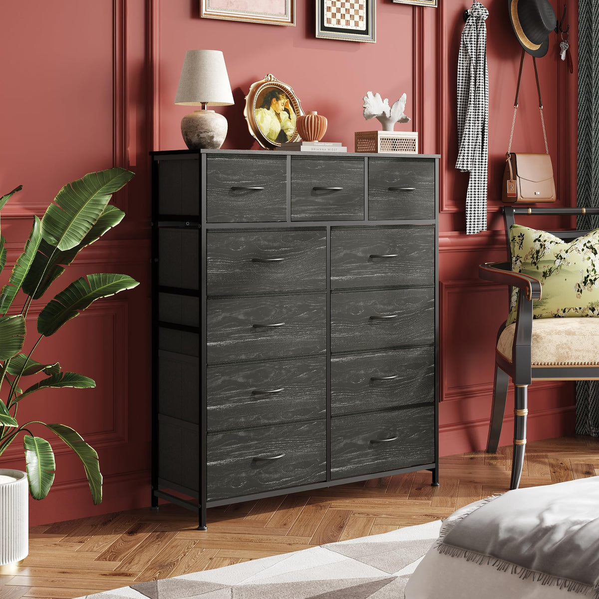 Black 11 Drawer Fabric Dresser T850878