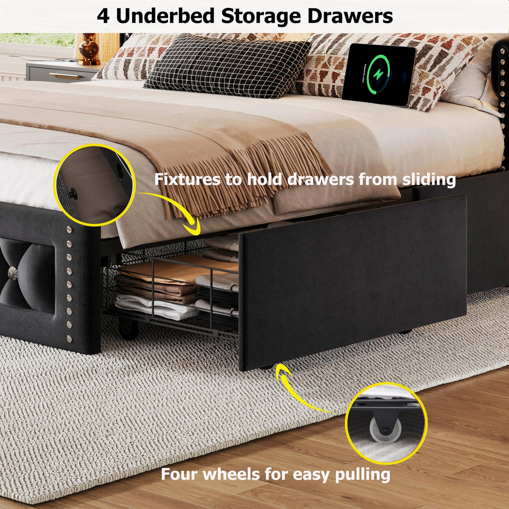 Queen Size Velvet Upholstered Platform Bed with 4 Storage Drawers C485057
