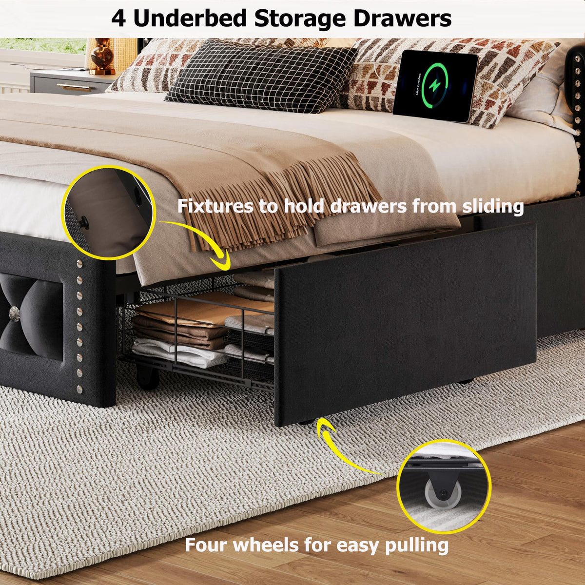 Queen Size Velvet Upholstered Platform Bed with 4 Storage Drawers C485057