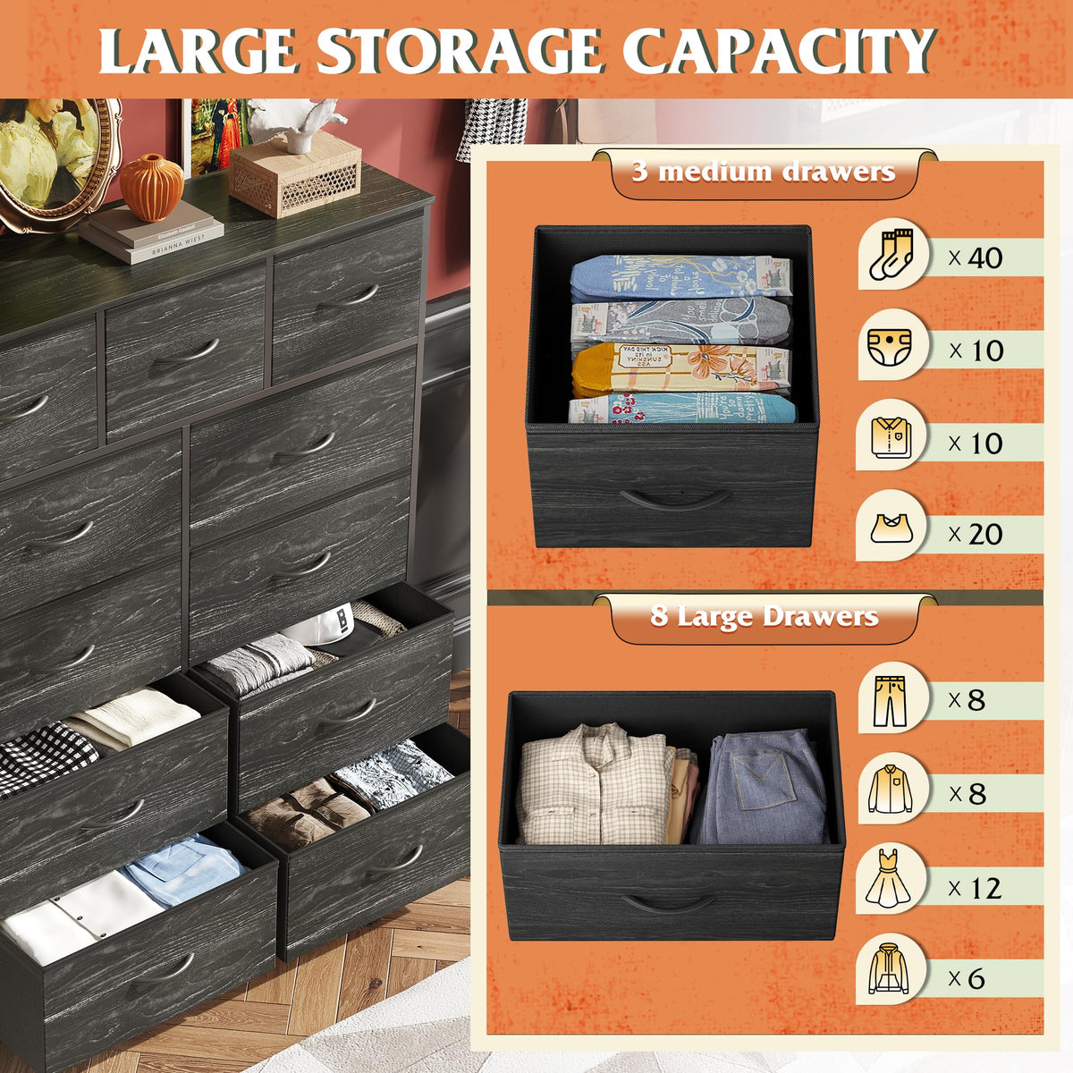 Black 11 Drawer Fabric Dresser T850878