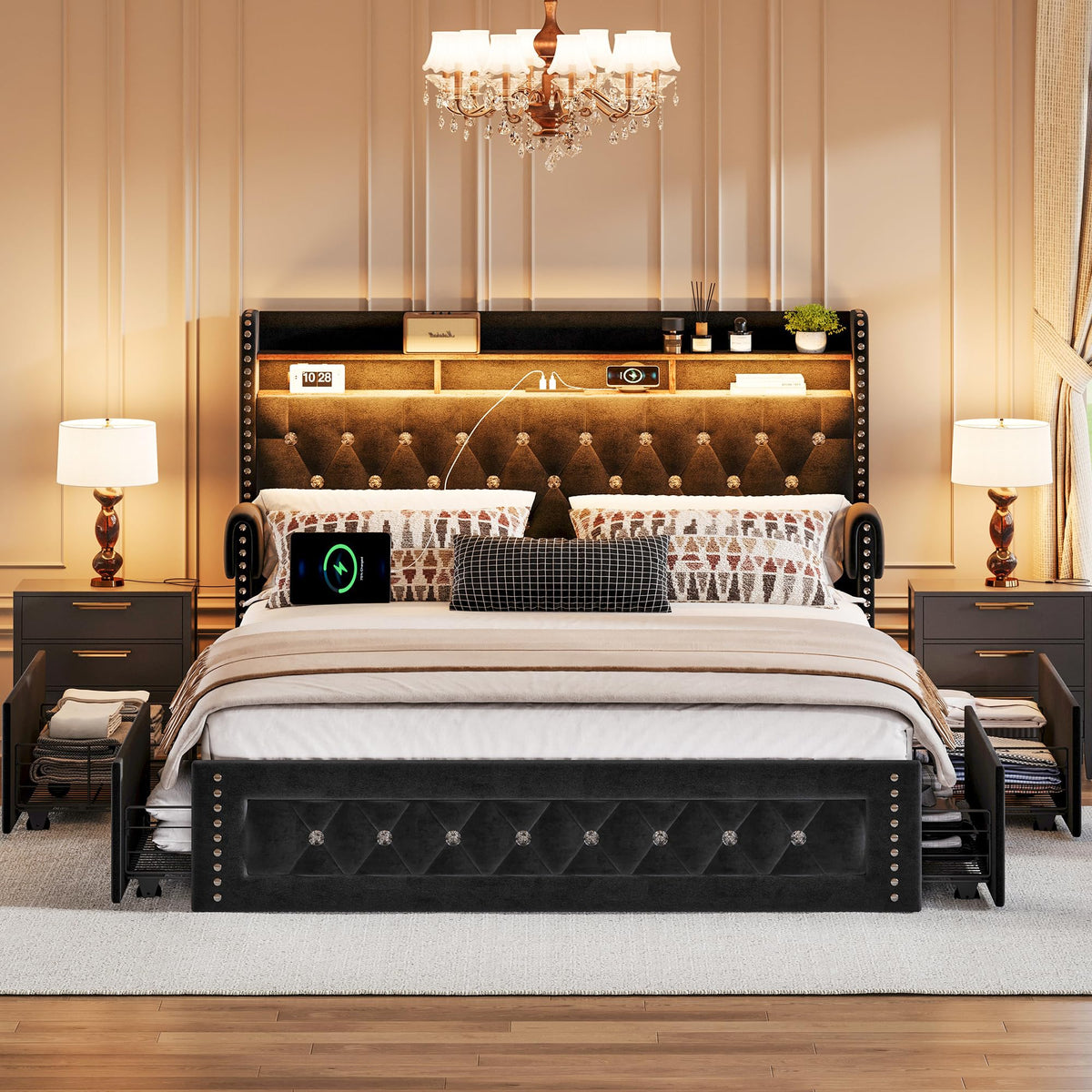 Queen Size Velvet Upholstered Platform Bed with 4 Storage Drawers C485057