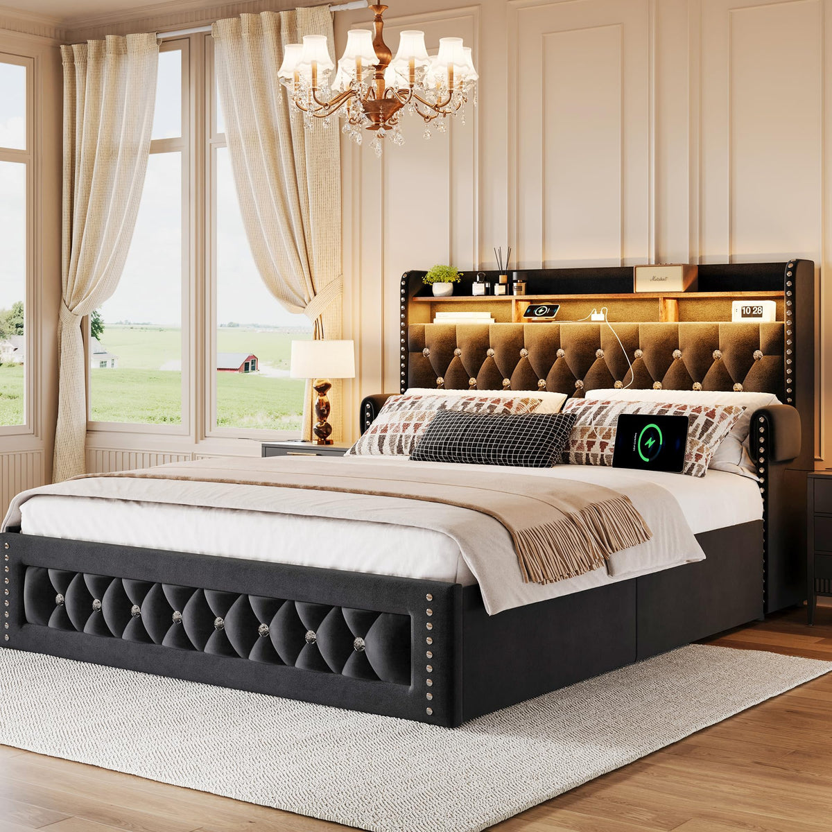 Queen Size Velvet Upholstered Platform Bed with 4 Storage Drawers C485057