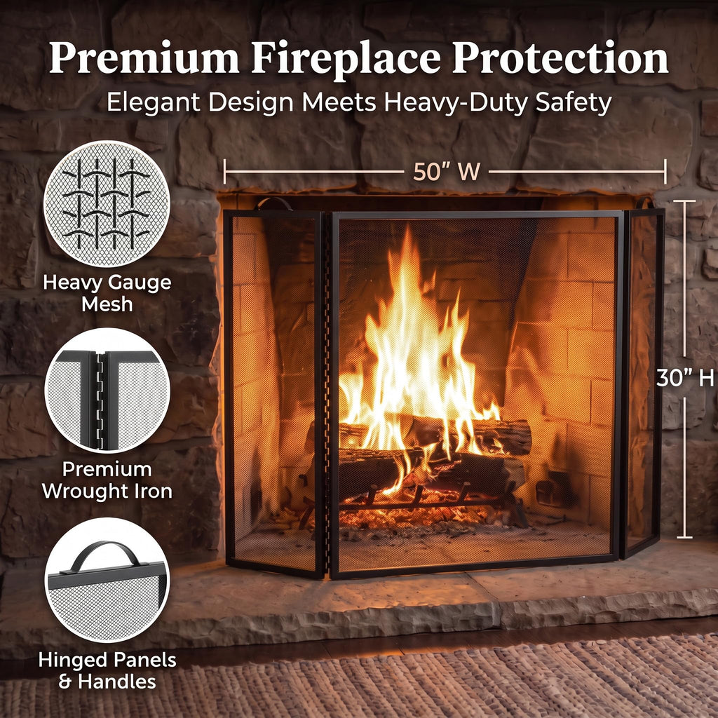 Metal Fireplace Screen 3 Panel Black H250887