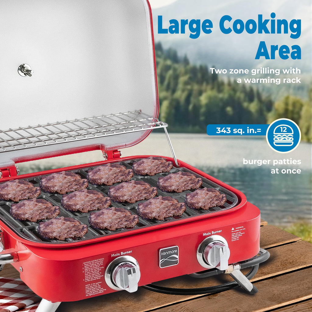 Portable Propane Gas Grill with Warming Rack, 2 Stainless Steel Burners, 14,000 BTUs, Red E7580