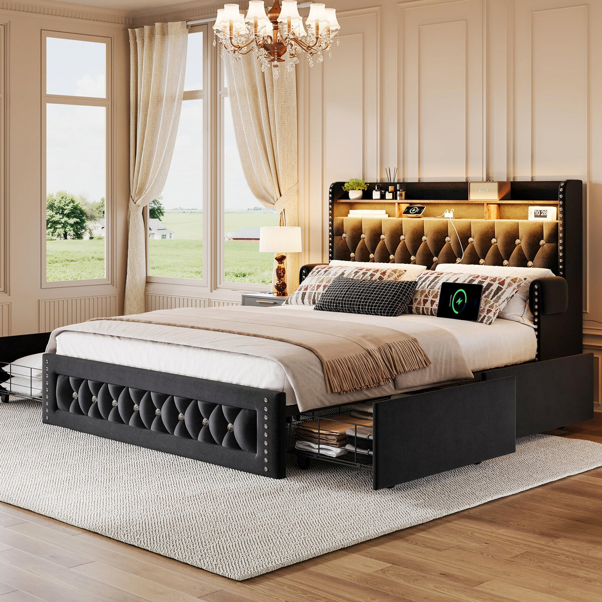 Queen Size Velvet Upholstered Platform Bed with 4 Storage Drawers C485057